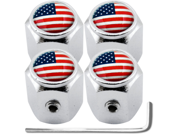 4 Antidiebstahl-Ventilkappen Amerikanische Flagge USA Vereinigte Staaten "Hexa"
