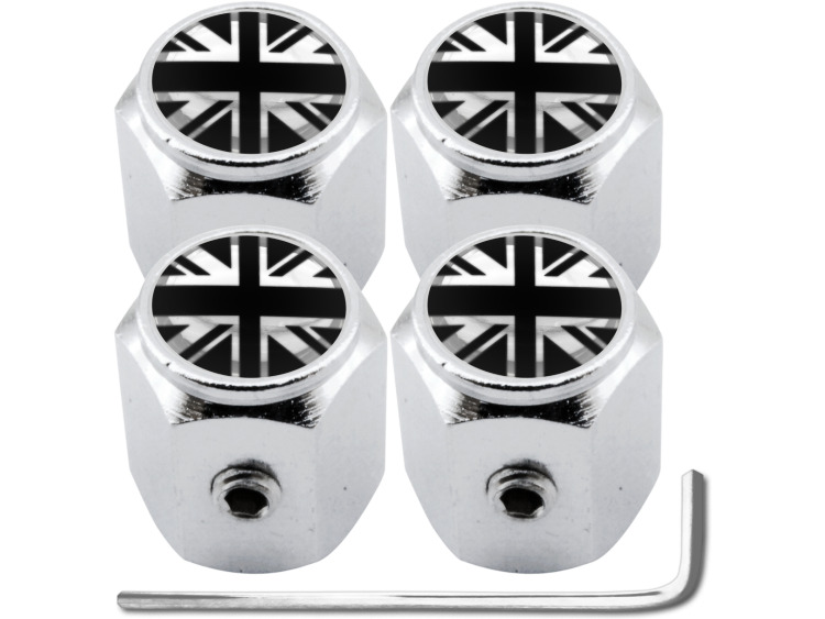4 English UK England British Union Jack black & chrome "hex" antitheft valve caps