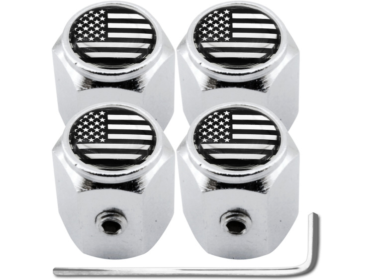 4 USA United States of America black & chrome "hex" antitheft valve caps